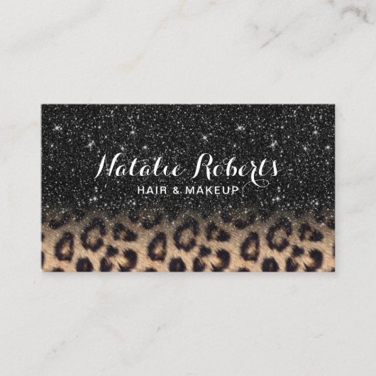 Modern Black Glitter Leopard Beauty Salon Visitekaartje (Voorkant)