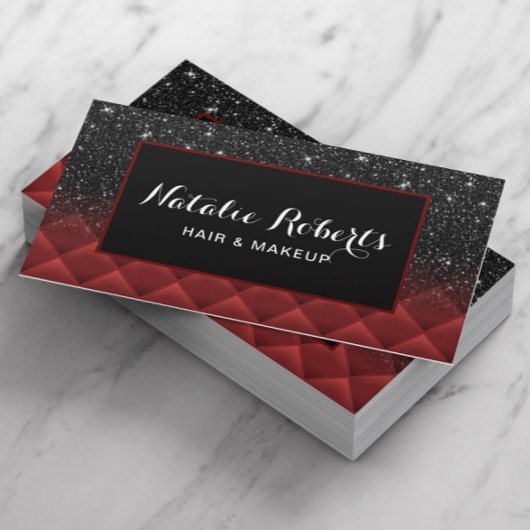 Modern Black Glitter Lux Red Quilted Beauty Salon Visitekaartje