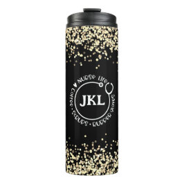 Modern Black Glitter Monogram Stethoscope Nurse Thermosbeker