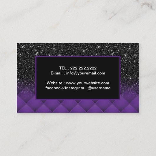 Modern Black Glitter Paars Diamond Pattern Salon Visitekaartje (Achterkant)