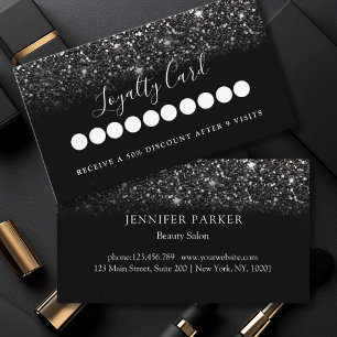 Modern Black Glitter Salon & Spa Loyalty Visitekaartje