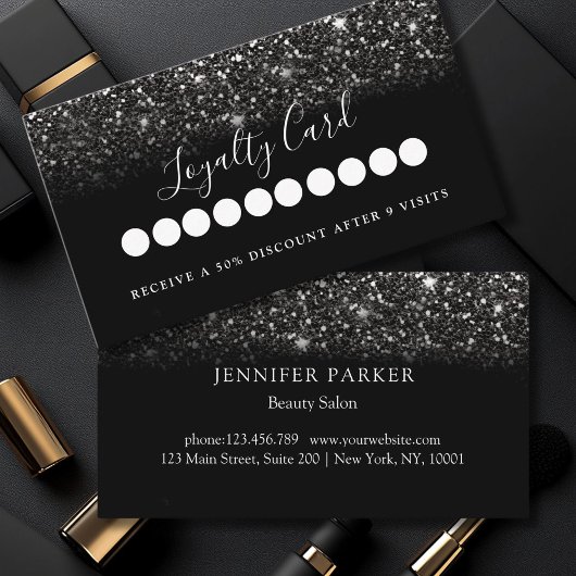 Modern Black Glitter Salon & Spa Loyalty Visitekaartje