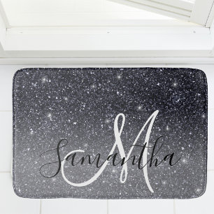 Modern Black Glitter Sparkles Personalized Name Badmat