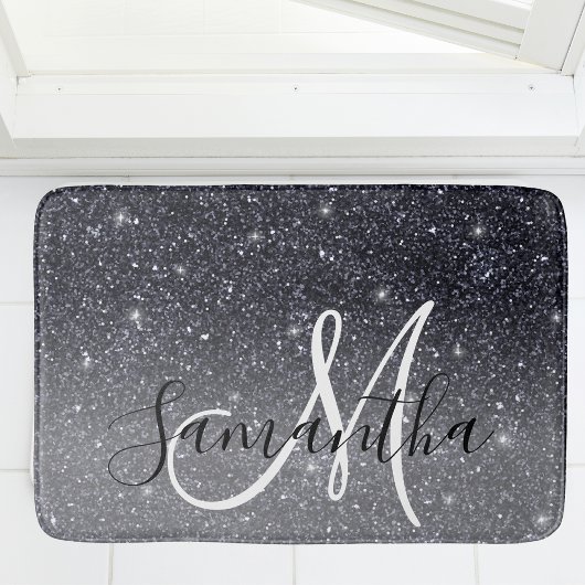 Modern Black Glitter Sparkles Personalized Name Badmat
