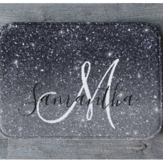 Modern Black Glitter Sparkles Personalized Name Badmat