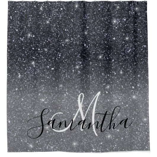 Modern Black Glitter Sparkles Personalized Name Douchegordijn (Voorkant)