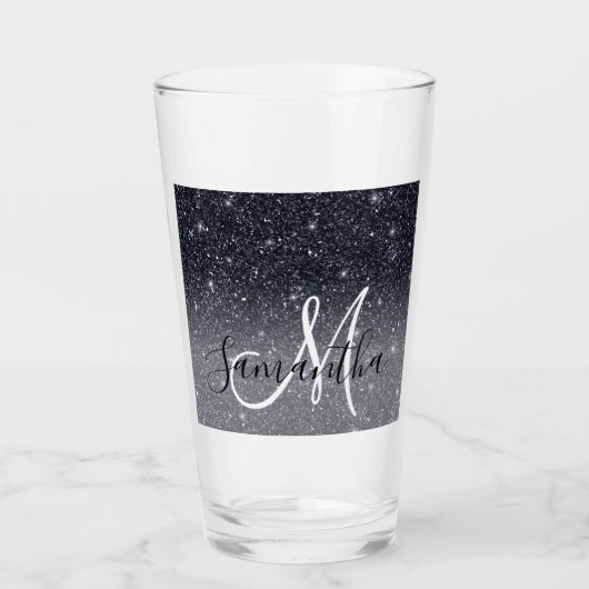 Modern Black Glitter Sparkles Personalized Name Glas (Voorkant)