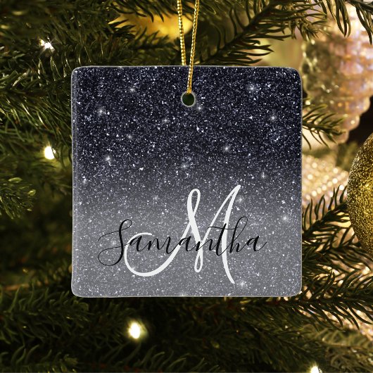 Modern Black Glitter Sparkles Personalized Name Keramisch Ornament