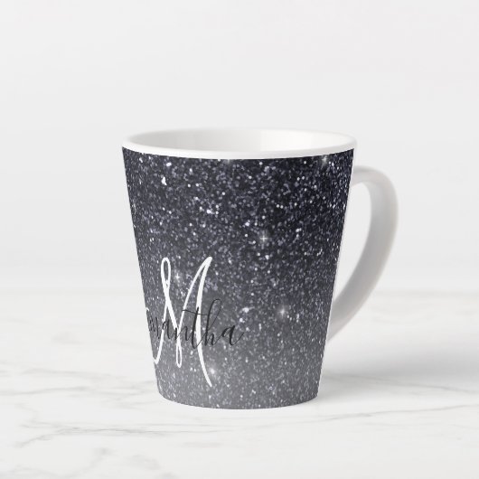 Modern Black Glitter Sparkles Personalized Name Latte Mok (Rechterhoek)