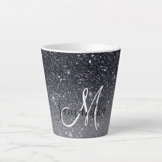 Modern Black Glitter Sparkles Personalized Name Latte Mok (Voorkant)