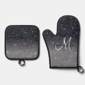 Modern Black Glitter Sparkles Personalized Name Ovenwant & Pannenlap Set (Voorkant)