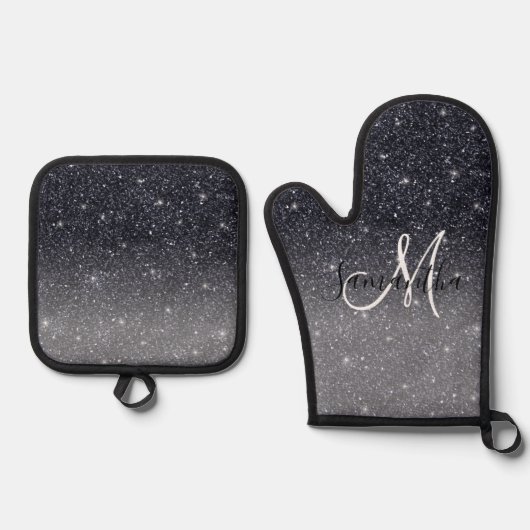 Modern Black Glitter Sparkles Personalized Name Ovenwant & Pannenlap Set (Voorkant)
