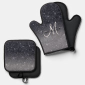 Modern Black Glitter Sparkles Personalized Name Ovenwant & Pannenlap Set (Voorkant / Achterkant)