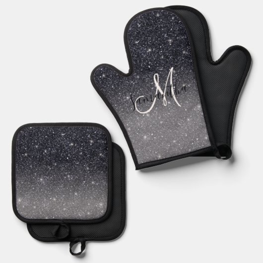 Modern Black Glitter Sparkles Personalized Name Ovenwant & Pannenlap Set (Voorkant / Achterkant)