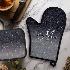 Modern Black Glitter Sparkles Personalized Name Ovenwant & Pannenlap Set