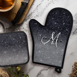 Modern Black Glitter Sparkles Personalized Name Ovenwant & Pannenlap Set
