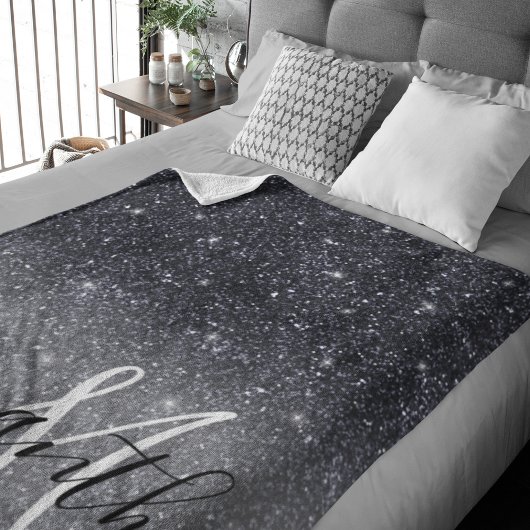Modern Black Glitter Sparkles Personalized Name Sherpa Deken