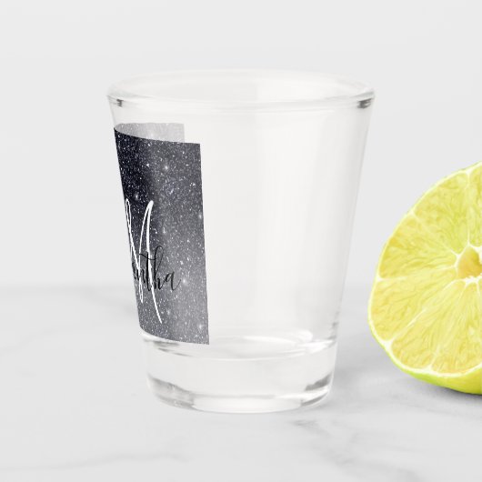 Modern Black Glitter Sparkles Personalized Name Shot Glas (Rechts)