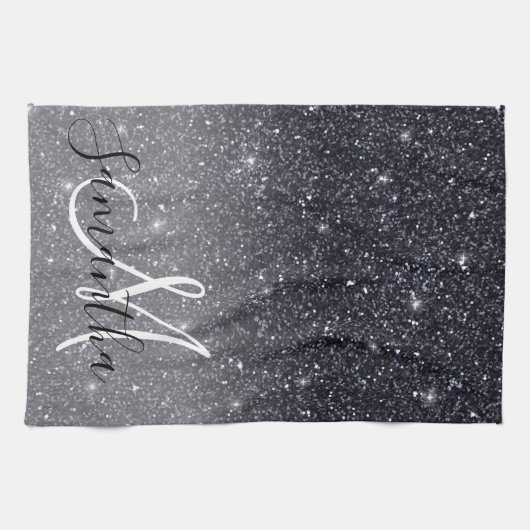 Modern Black Glitter Sparkles Personalized Name Theedoek (Horizontaal)