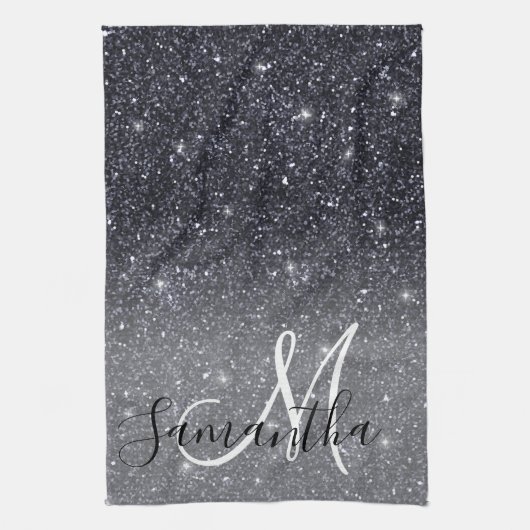 Modern Black Glitter Sparkles Personalized Name Theedoek (Verticaal)