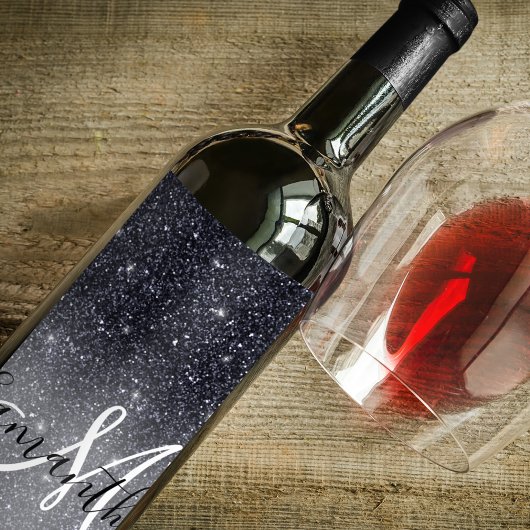 Modern Black Glitter Sparkles Personalized Name Wijn Etiket