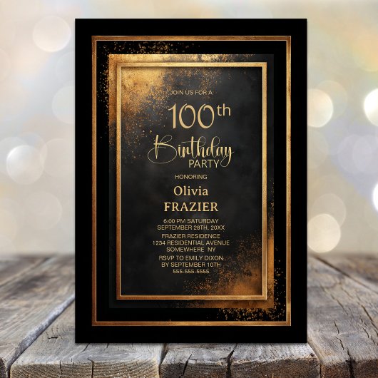 Modern Black Gold 100th Birthday Party Kaart
