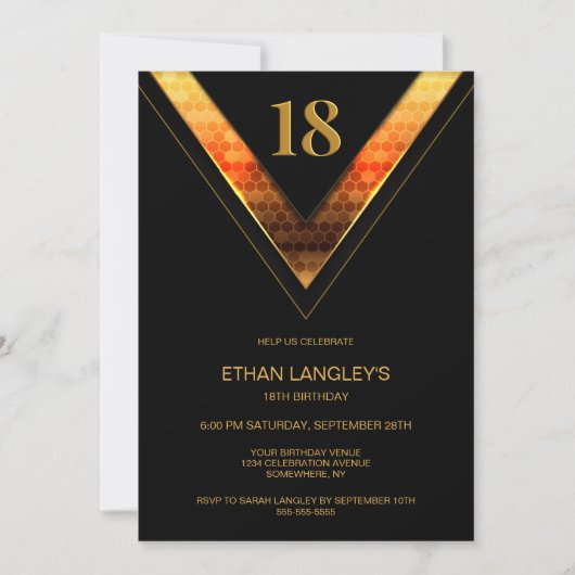 Modern Black Gold 18th Birthday Party Kaart (Voorkant)