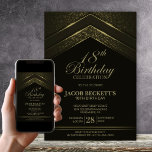 Modern Black Gold 18th Birthday Party Kaart<br><div class="desc">Verhoog de viering van de mijlpaal van uw eregast met deze chique zwarte en gouden 18e verjaardagsfeestuitnodiging. Stijlvol modern en elegant, het zet de perfecte toon voor een onvergetelijke avond. Het personaliseren van de uitnodigingen is een eitje, vul gewoon de belangrijkste gegevens in met behulp van de meegeleverde tekst sjablonen....</div>