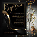 Modern Black Gold 18th Birthday Party Kaart<br><div class="desc">Vier uw mijlpaal 18e verjaardag in stijl met onze chique en verfijnde zwarte feestuitnodiging. Met de aanpasbare tekst kunt u de uitnodiging personaliseren. Deze uitnodiging is voorzien van een fijn gouden lijst dat de tekst omsluit en een vleugje luxe toevoegt aan uw speciale gelegenheid. Het gouden en grijze abstracte golvende...</div>