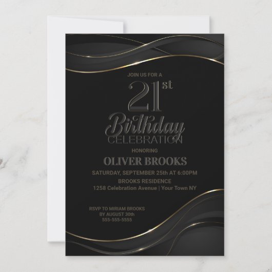Modern Black Gold 21st Birthday Party Invitation Kaart (Voorkant)