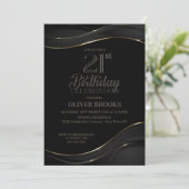 Modern Black Gold 21st Birthday Party Invitation Kaart (Staand voorkant)