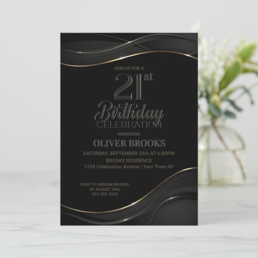 Modern Black Gold 21st Birthday Party Invitation Kaart (Staand voorkant)