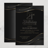 Modern Black Gold 21st Birthday Party Invitation Kaart (Voorkant / Achterkant)
