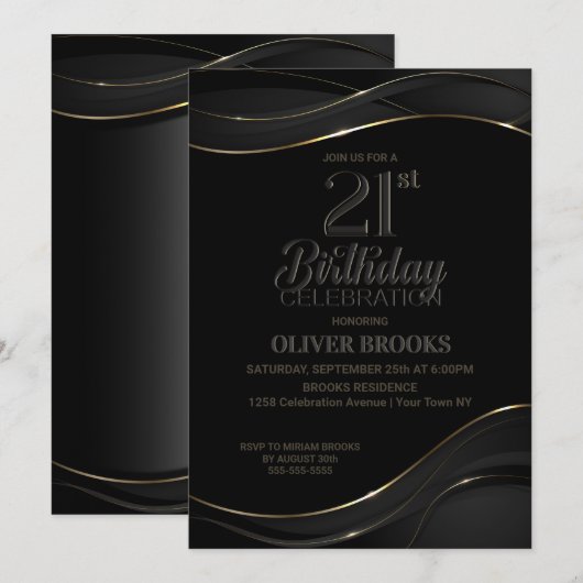 Modern Black Gold 21st Birthday Party Invitation Kaart (Voorkant / Achterkant)