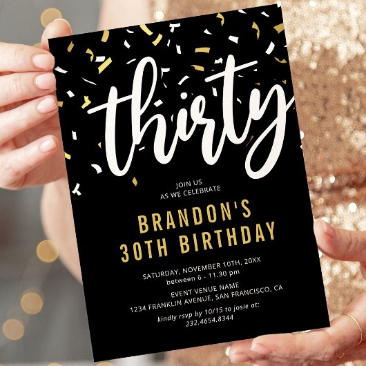Modern Black & Gold 30th Birthday Party Invitation Kaart