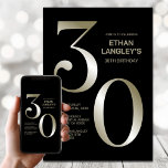 Modern Black Gold 30th Birthday Party Kaart<br><div class="desc">Nodig je vrienden en geliefden uit met deze moderne zwarte en gouden uitnodiging voor het 30e verjaardagsfeest. Met het aanpasbare tekstgebied in deze uitnodigings-sjabloon kunt u moeiteloos alle benodigde gegevens voor uw speciale verjaardagsfeest opnemen, inclusief de datum, tijd, locatie en RSVP-informatie. Een verscheidenheid aan papiersoorten en hoekstijlen zijn beschikbaar voor...</div>