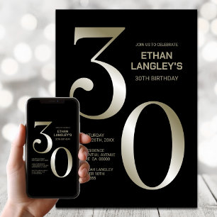 Modern Black Gold 30th Birthday Party Kaart