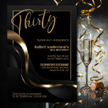 Modern Black Gold 30th Birthday Party Kaart<br><div class="desc">Vier uw 30ste verjaardag in stijl met onze chique en verfijnde zwarte feestuitnodiging. Met de aanpasbare tekst kunt u de uitnodiging personaliseren. Deze uitnodiging is voorzien van een fijn gouden lijst dat de tekst omsluit en een vleugje luxe toevoegt aan uw speciale gelegenheid. Het gouden en grijze abstracte golvende lintontwerp...</div>