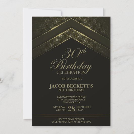 Modern Black Gold 30th Birthday Party Kaart (Voorkant)