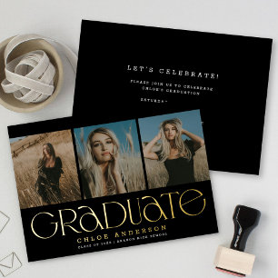 Modern Black Gold 3 Photo Afstuderen aangekondigd Folie Uitnodiging