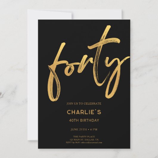 Modern Black & Gold 40th Birthday Invitation Kaart (Voorkant)