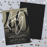 Modern Black Gold 40th Birthday Party Kaart<br><div class="desc">Celebrate forty years in style with this modern faux gold to black gradient 40th birthday party invitation. The design features a large black "40" across most of the card, with a handwritten script-style white "Forty" layered over it for a bold, contemporary look. The party details sit neatly at the bottom...</div>