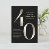 Modern Black Gold 40th Birthday Party Kaart (Staand voorkant)