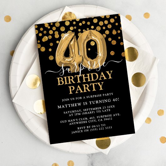 Modern Black & Gold 40th Surprise Birthday Party Kaart