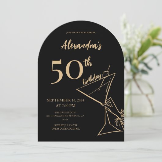 Modern Black Gold 50e verjaardag Cocktail Kaart (Staand voorkant)