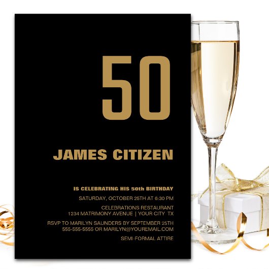 Modern Black Gold 50th Birthday Party Kaart