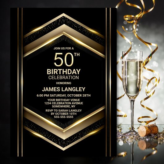 Modern Black Gold 50th Birthday Party Kaart