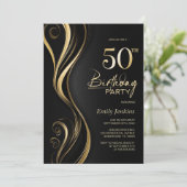 Modern Black Gold 50th Birthday Party Kaart (Staand voorkant)