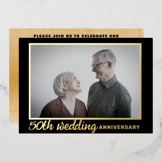 Modern Black & Gold 50th Wedding Jubileum Folie Uitnodiging (Voorkant / Achterkant)