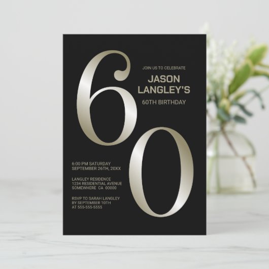 Modern Black Gold 60th Birthday Party Kaart (Staand voorkant)